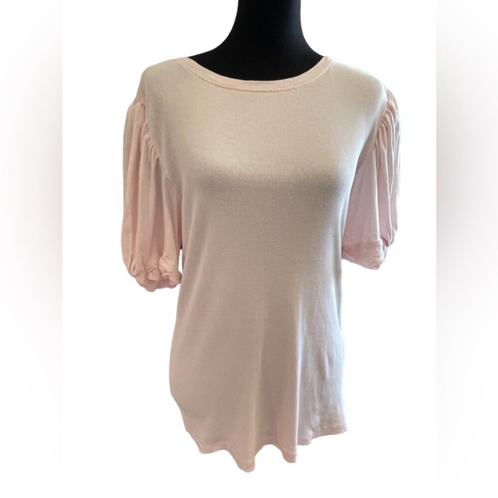 1.STATE  Puff Sleeve Knit blouse / Sz Large / REVOLVE 100% Cotton Pink Ribbed - Picture 2 of 6